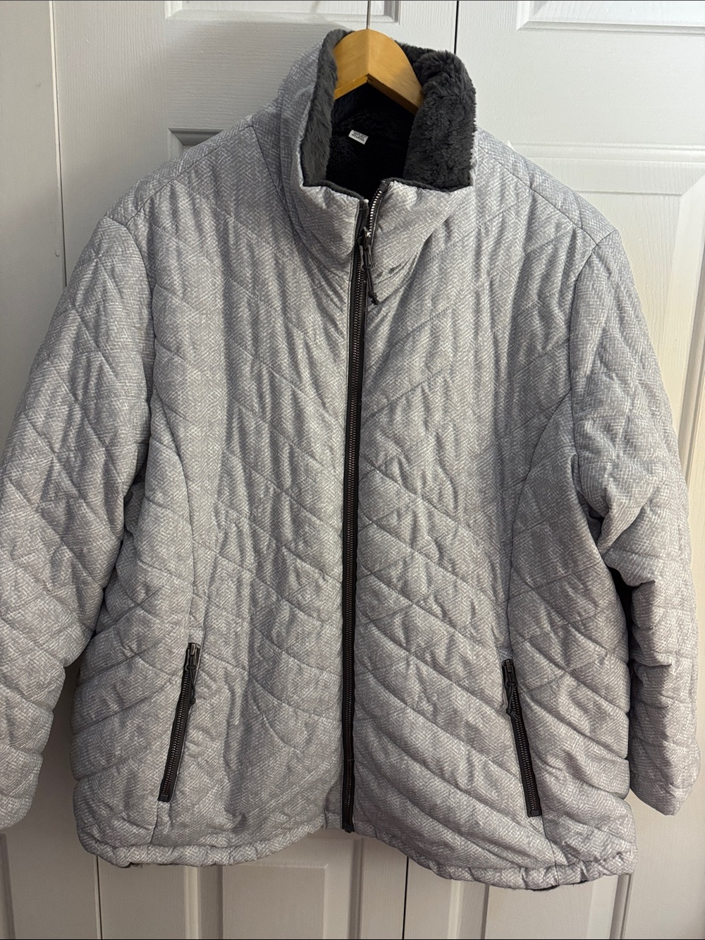 Women's Quilted Gray Winter Jacket with Faux Fur Collar
